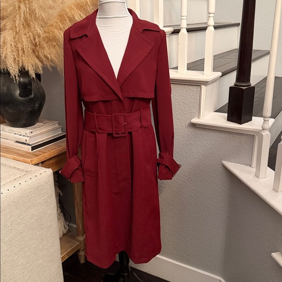 Express Burgundy Belted Long Trench Coat Size Medium - Picture 2 of 8
